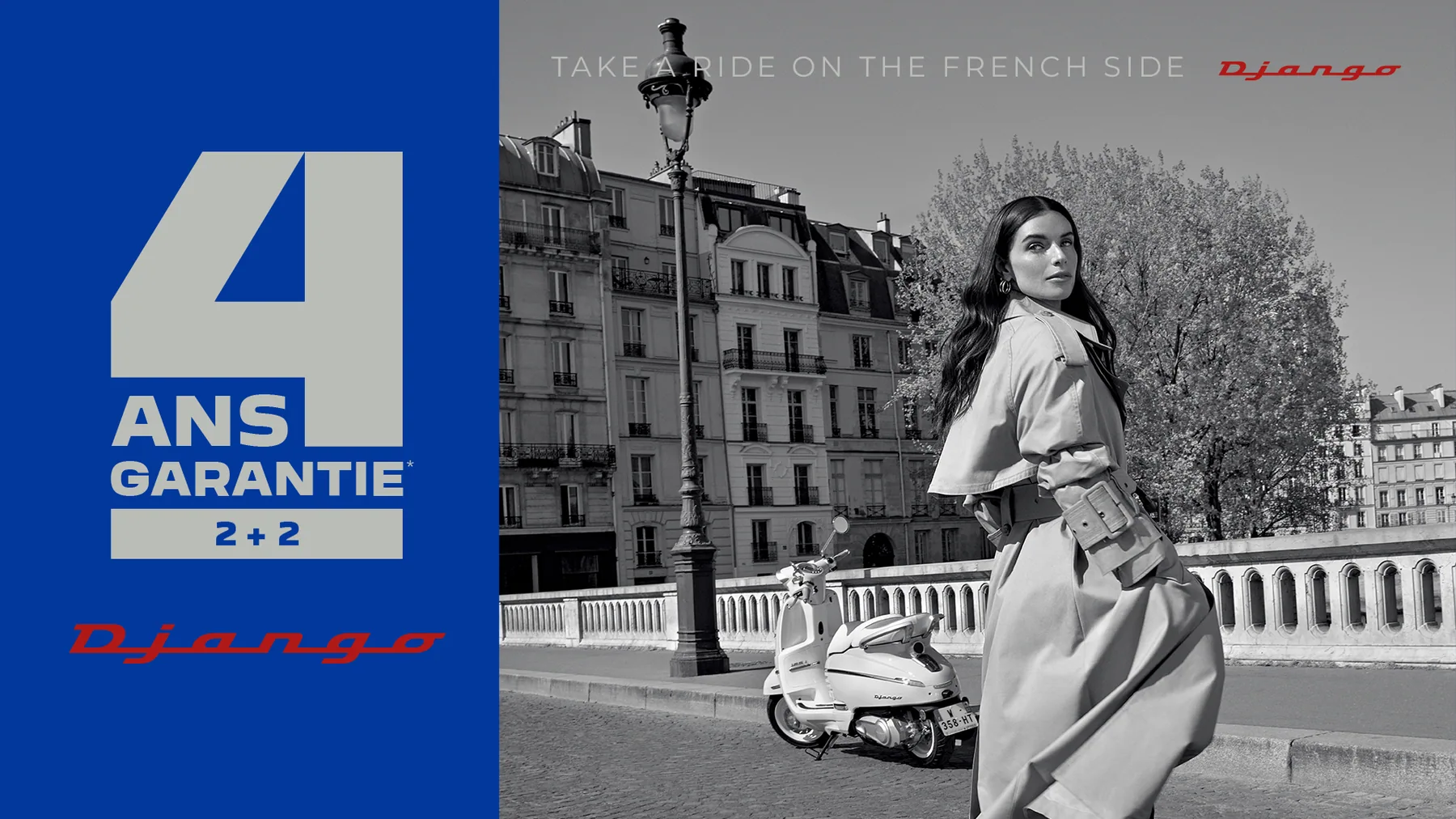 Peugeot Motocycles 4-year warranty – rider with a Django scooter in Paris